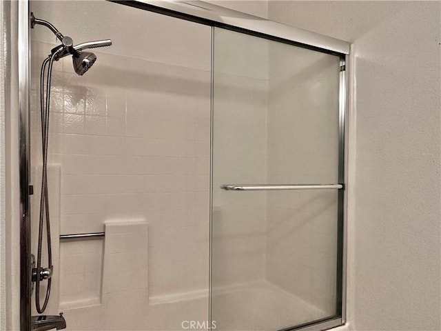 bathroom featuring a shower with shower door