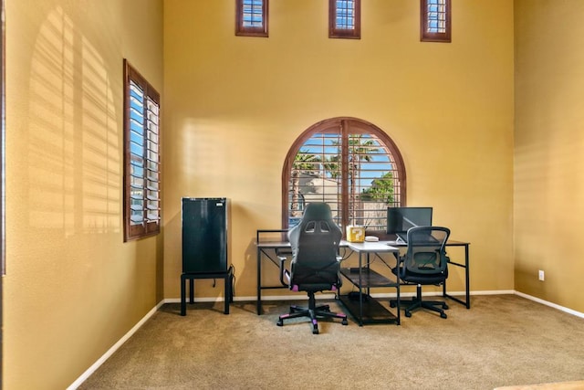 office with a towering ceiling and carpet floors