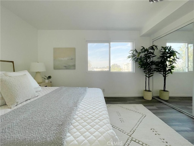 bedroom featuring dark hardwood / wood-style floors and multiple windows