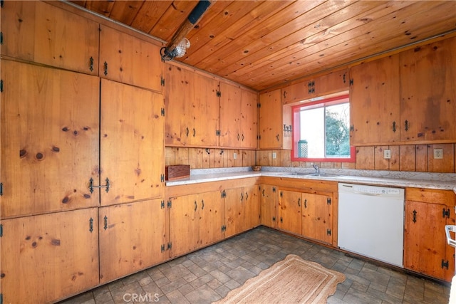 kitchen featuring wood walls, dishwasher, wooden ceiling, and sink