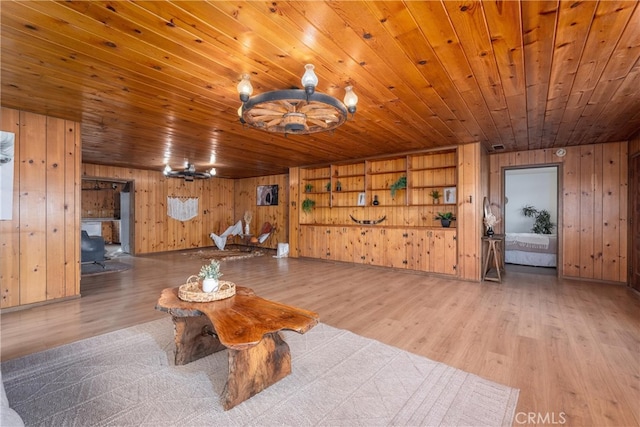 interior space with wood-type flooring, wooden walls, and wood ceiling