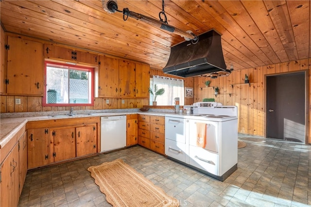 kitchen with wood walls, white appliances, extractor fan, and a wealth of natural light