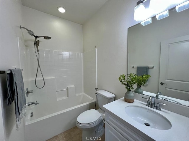 full bathroom featuring shower / bath combination, tile patterned floors, vanity, and toilet