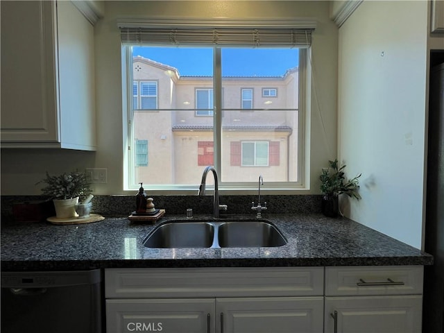 kitchen with white cabinets, sink, and black dishwasher