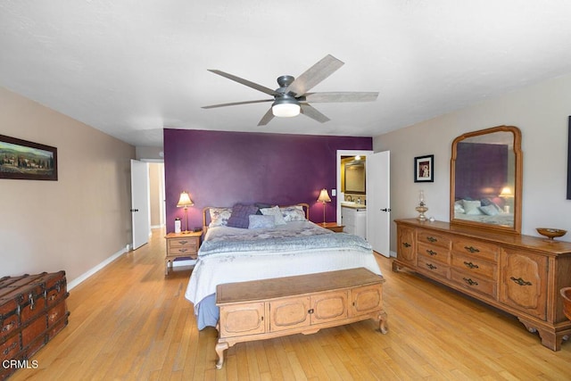 bedroom with light wood-style flooring, baseboards, and ceiling fan