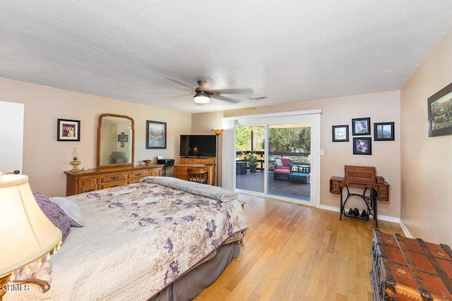 bedroom with visible vents, light wood-style flooring, ceiling fan, access to outside, and baseboards