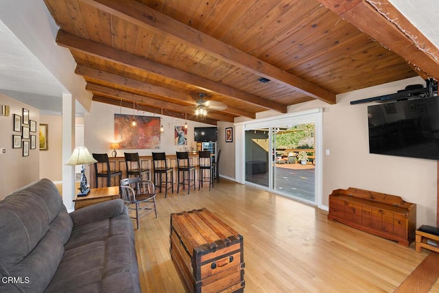 living area featuring wooden ceiling, a ceiling fan, beam ceiling, and wood finished floors