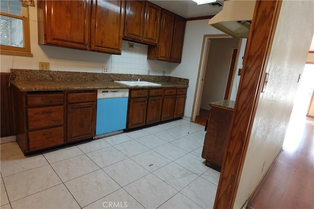 kitchen with decorative backsplash, dishwasher, dark stone counters, and sink