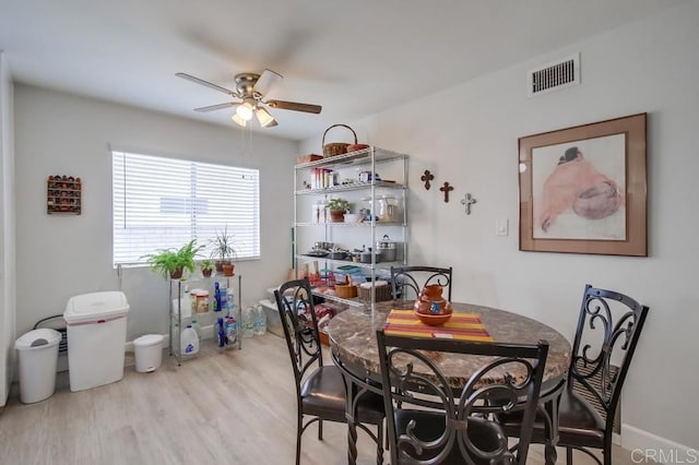 dining room with ceiling fan and light hardwood / wood-style flooring