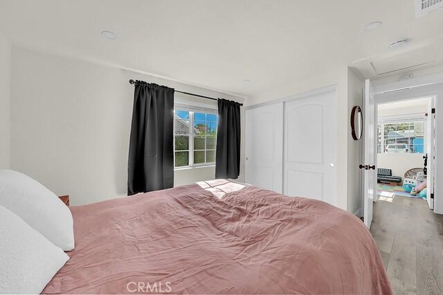 bedroom with multiple windows, a closet, and light hardwood / wood-style flooring