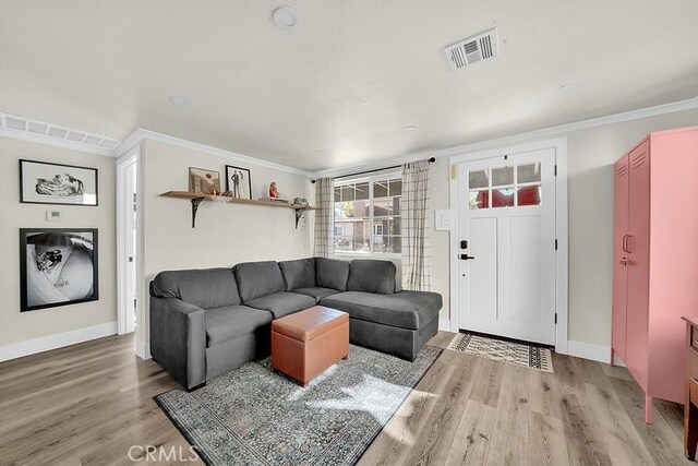 living room with light wood-type flooring and crown molding