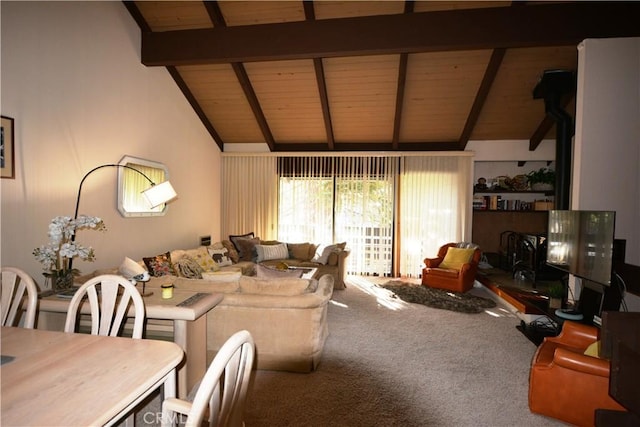 living room with carpet, vaulted ceiling with beams, and wooden ceiling