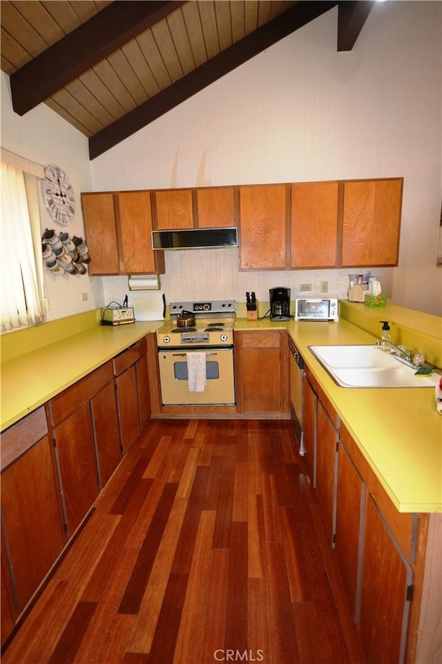 kitchen featuring ventilation hood, dark wood-type flooring, sink, electric stove, and vaulted ceiling with beams