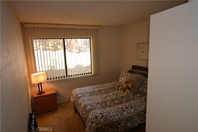 bedroom with carpet and a textured ceiling