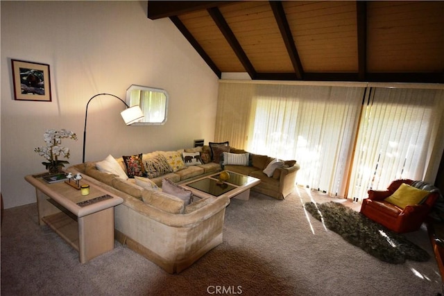 living room featuring vaulted ceiling with beams, carpet floors, and wood ceiling