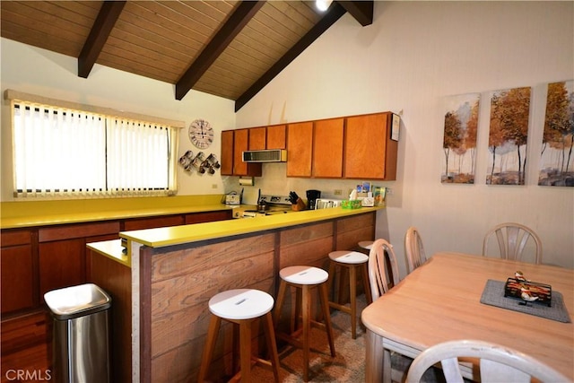 kitchen featuring a kitchen breakfast bar, extractor fan, electric stove, beam ceiling, and high vaulted ceiling