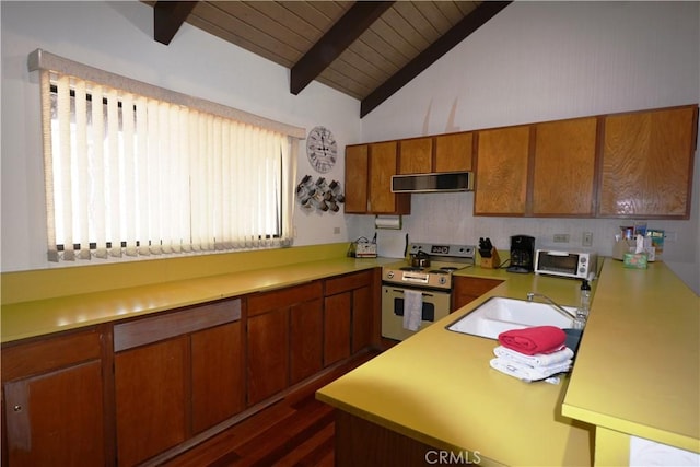 kitchen featuring electric stove, sink, vaulted ceiling with beams, wood ceiling, and extractor fan