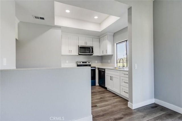 kitchen with white cabinets, a raised ceiling, sink, hardwood / wood-style flooring, and appliances with stainless steel finishes