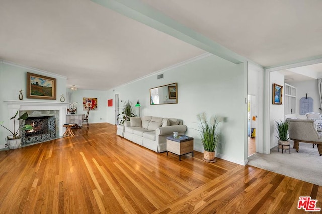 living room with a fireplace, wood-type flooring, and crown molding