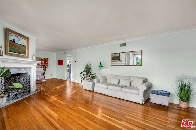 living room with crown molding and wood-type flooring