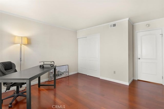 office featuring dark hardwood / wood-style floors and ornamental molding