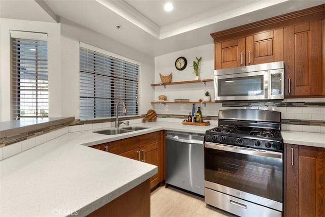 kitchen with sink, stainless steel appliances, tasteful backsplash, a tray ceiling, and light wood-type flooring