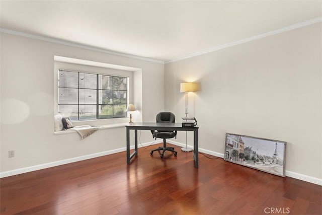 office with crown molding and dark wood-type flooring