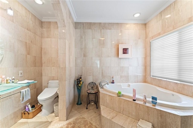 bathroom with toilet, ornamental molding, and tile walls