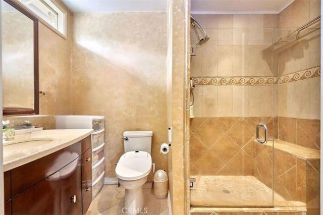 bathroom featuring vanity, toilet, and walk in shower