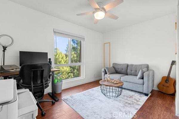 office area featuring ceiling fan and hardwood / wood-style floors