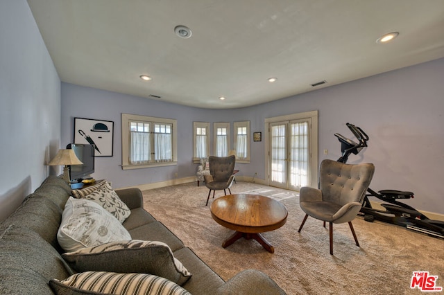 carpeted living room featuring french doors and a healthy amount of sunlight