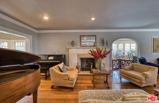 living room with a fireplace, hardwood / wood-style floors, and ornamental molding