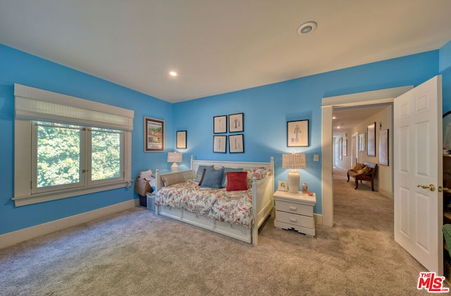 bedroom with light colored carpet