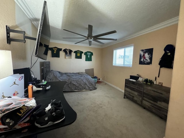 carpeted bedroom with ceiling fan, ornamental molding, and a textured ceiling