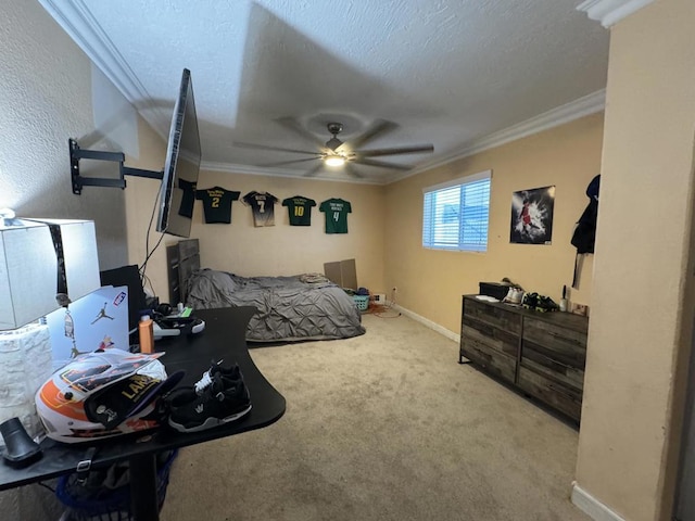 bedroom with crown molding, ceiling fan, light colored carpet, and a textured ceiling