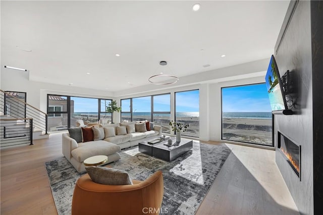 living room featuring light hardwood / wood-style floors and a premium fireplace