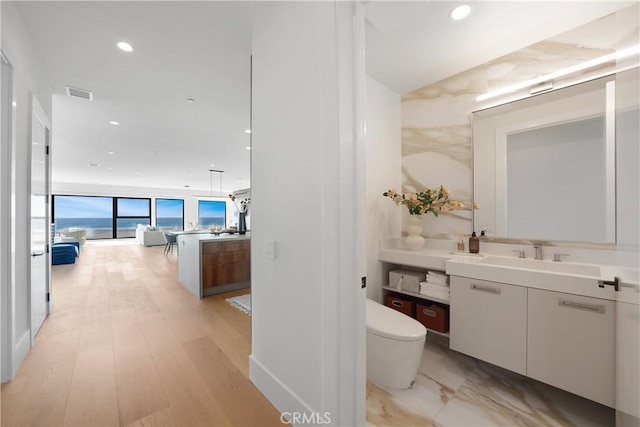 bathroom featuring toilet, a wall of windows, wood-type flooring, and vanity