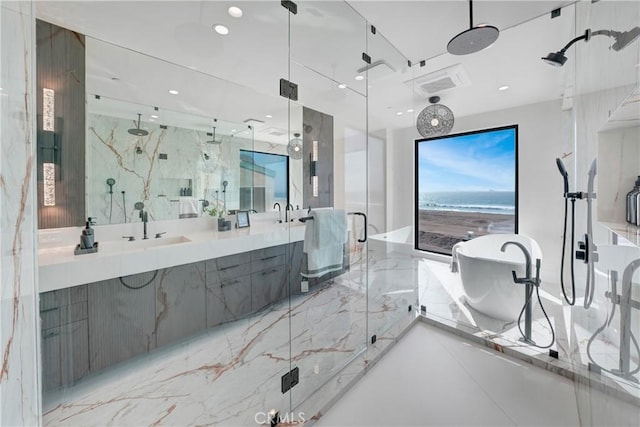 bathroom featuring vanity and plus walk in shower