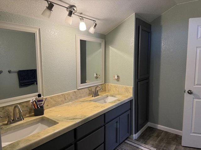 bathroom with vanity, hardwood / wood-style floors, vaulted ceiling, and a textured ceiling