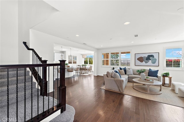 living room with dark hardwood / wood-style flooring