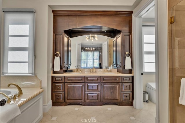 full bathroom with vanity, separate shower and tub, an inviting chandelier, tile patterned flooring, and toilet