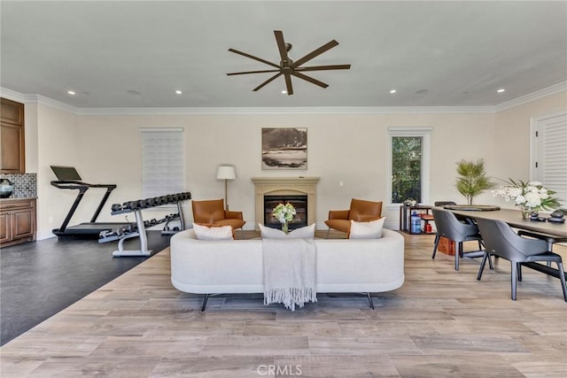 living room featuring light hardwood / wood-style flooring, ceiling fan, and crown molding