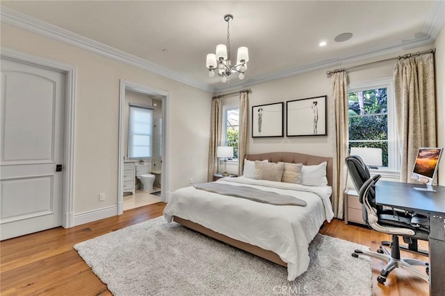 bedroom featuring light wood-type flooring, ornamental molding, connected bathroom, and multiple windows