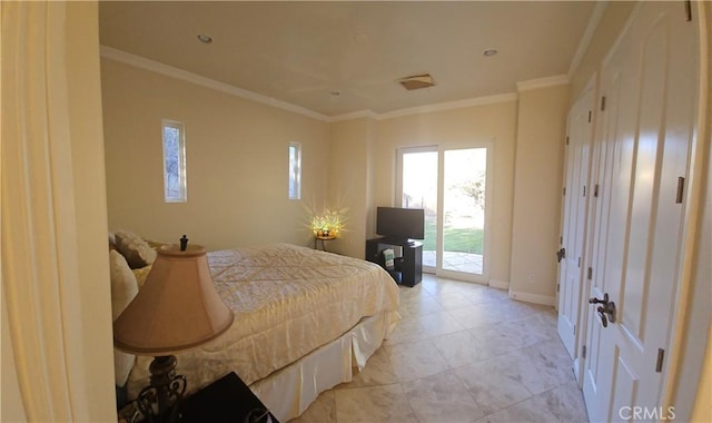 bedroom with access to exterior and crown molding