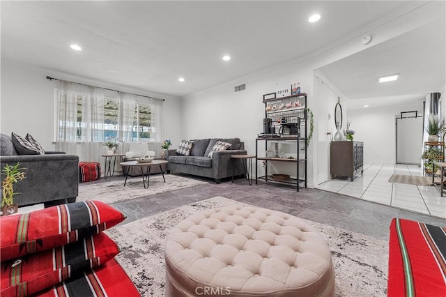 living room with ornamental molding