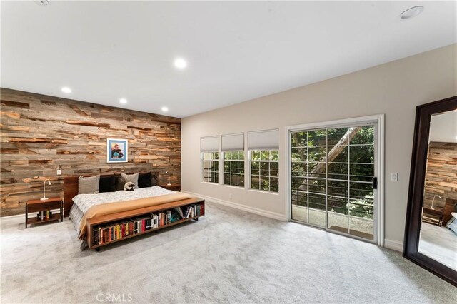 2355 N Beverly Glen Blvd, Los Angeles, CA 90077 - bedroom with access to outside, wooden walls, recessed lighting, carpet floors, and baseboards