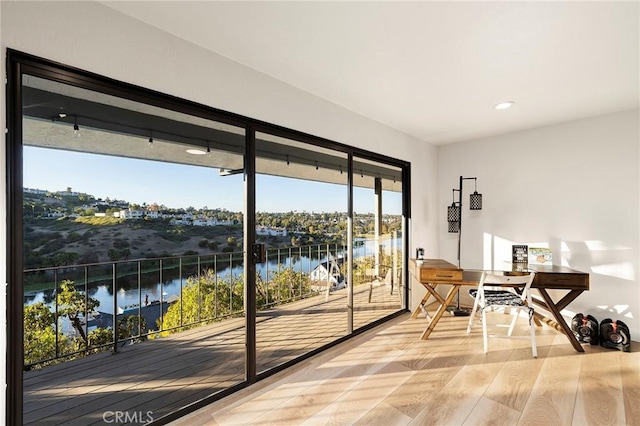 doorway with hardwood / wood-style flooring and a water view