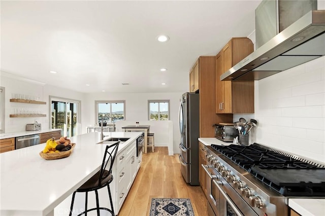 kitchen with backsplash, wall chimney exhaust hood, stainless steel appliances, sink, and light hardwood / wood-style flooring