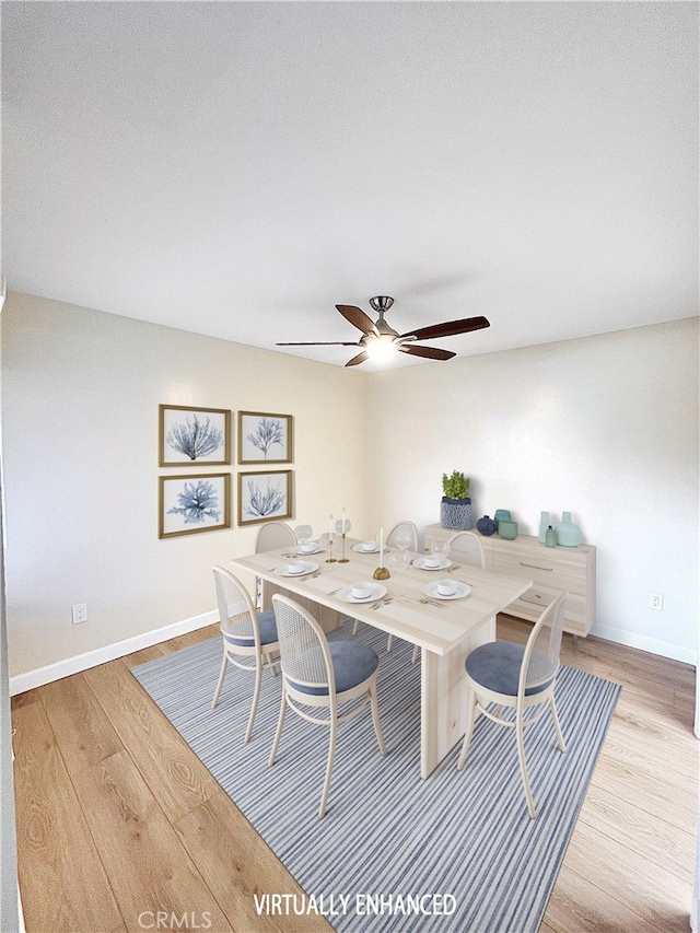 dining space with ceiling fan, wood finished floors, and baseboards