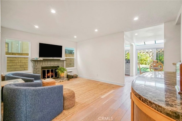 living room featuring a fireplace and light wood-type flooring